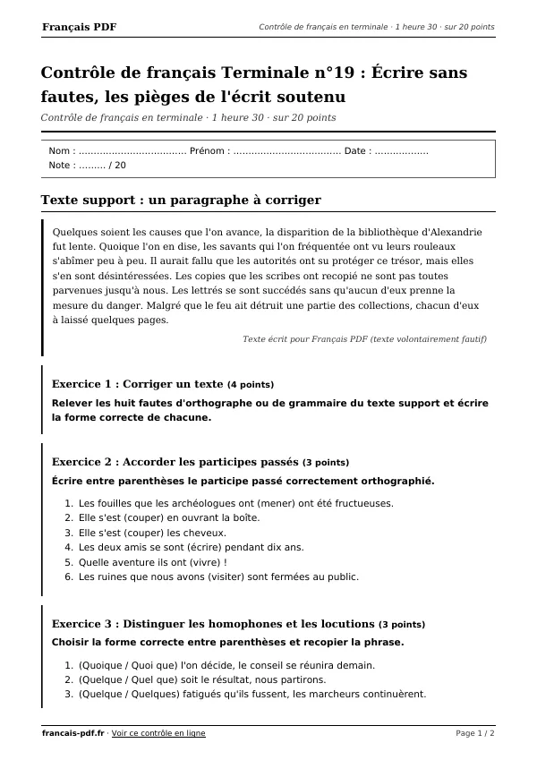 Contrôle de français Terminale n°19 en PDF