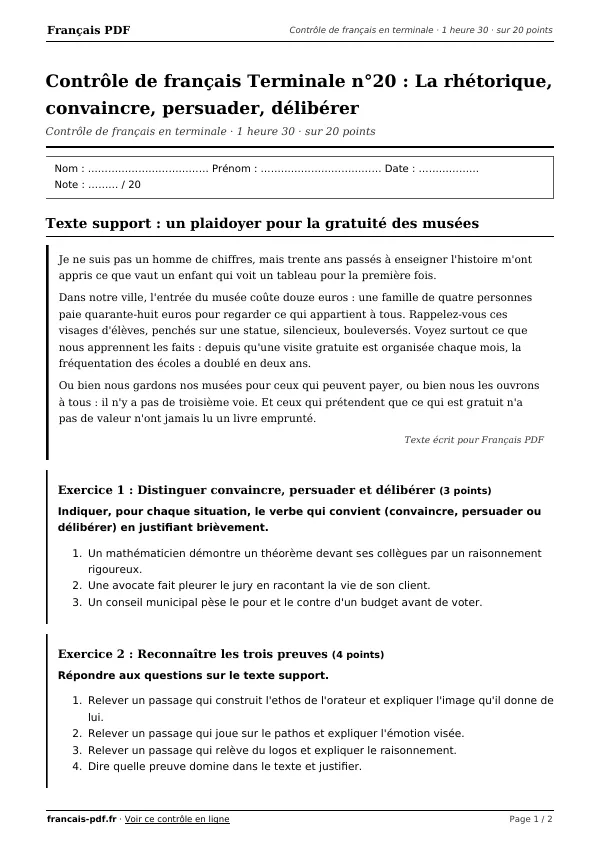Contrôle de français Terminale n°20 en PDF