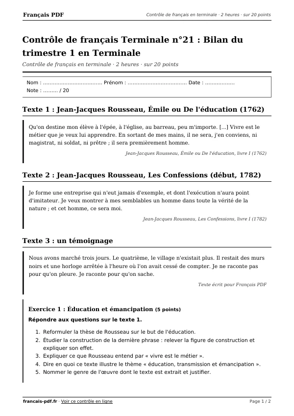 Contrôle de français Terminale n°21 en PDF