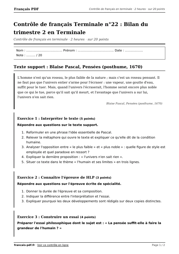 Contrôle de français Terminale n°22 en PDF