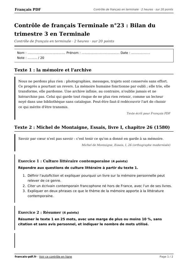 Contrôle de français Terminale n°23 en PDF