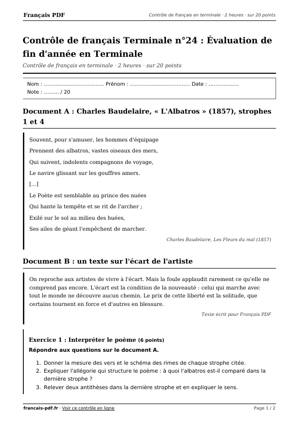 Contrôle de français Terminale n°24 en PDF