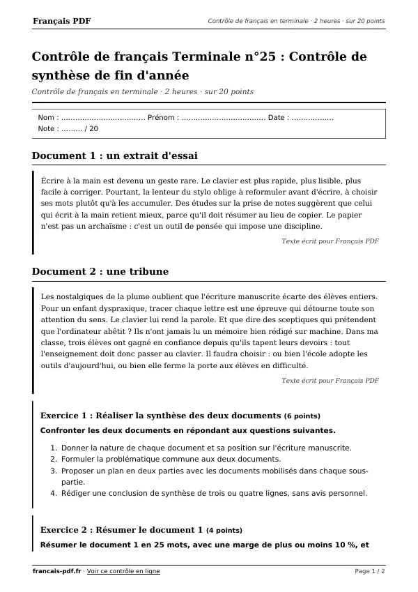 Contrôle de français Terminale n°25 en PDF