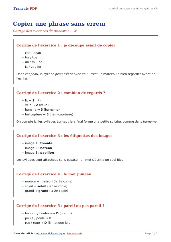Corrigé « Copier une phrase sans erreur » en PDF