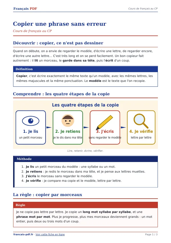 Cours « Copier une phrase sans erreur » en PDF