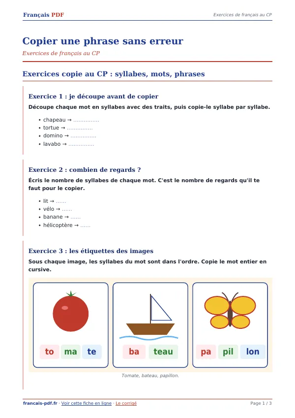 Exercices « Copier une phrase sans erreur » en PDF