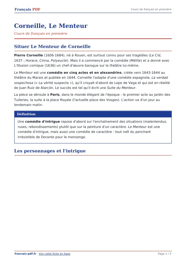 Cours « Corneille, Le Menteur » en PDF