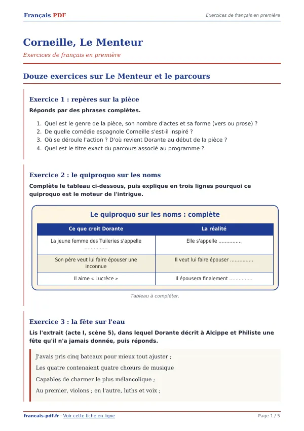 Exercices « Corneille, Le Menteur » en PDF