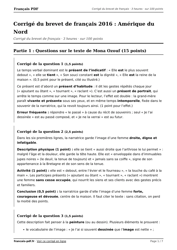 Corrigé du brevet de français 2016 en PDF