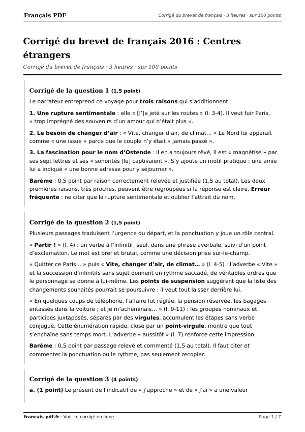Corrigé du brevet de français 2016 en PDF