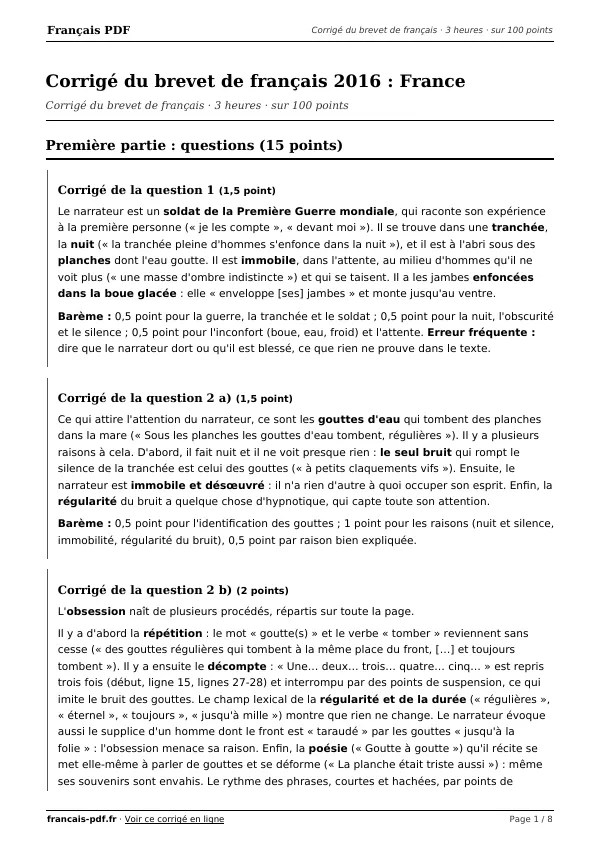 Corrigé du brevet de français 2016 en PDF