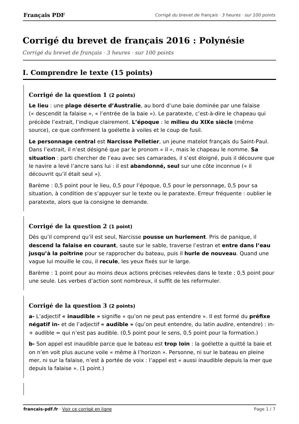 Corrigé du brevet de français 2016 en PDF