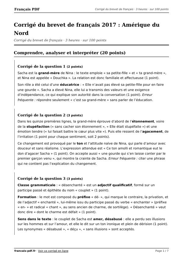 Corrigé du brevet de français 2017 en PDF