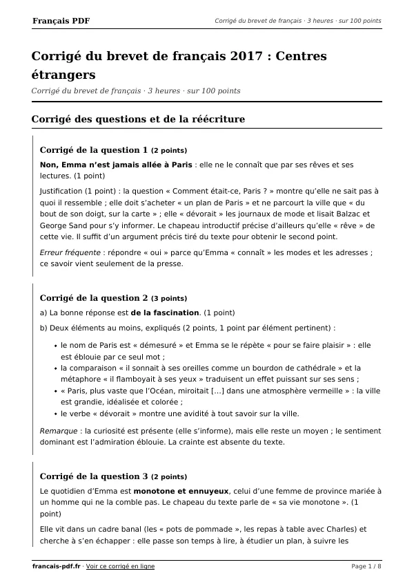 Corrigé du brevet de français 2017 en PDF