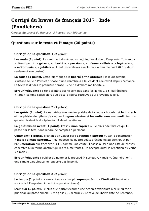 Corrigé du brevet de français 2017 en PDF