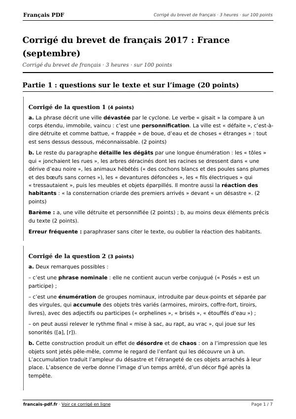 Corrigé du brevet de français 2017 en PDF