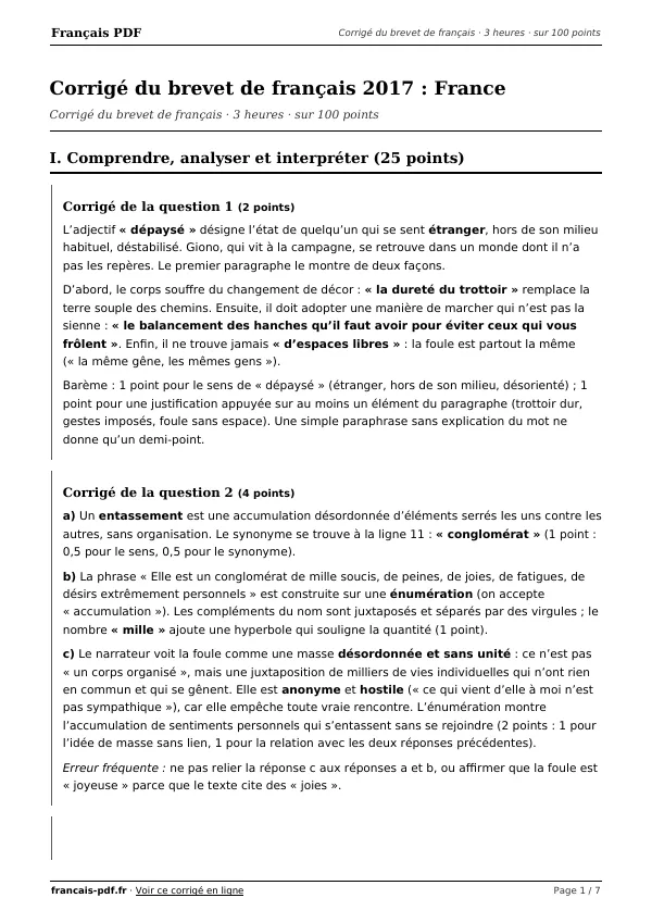 Corrigé du brevet de français 2017 en PDF