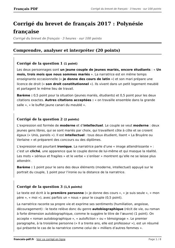 Corrigé du brevet de français 2017 en PDF