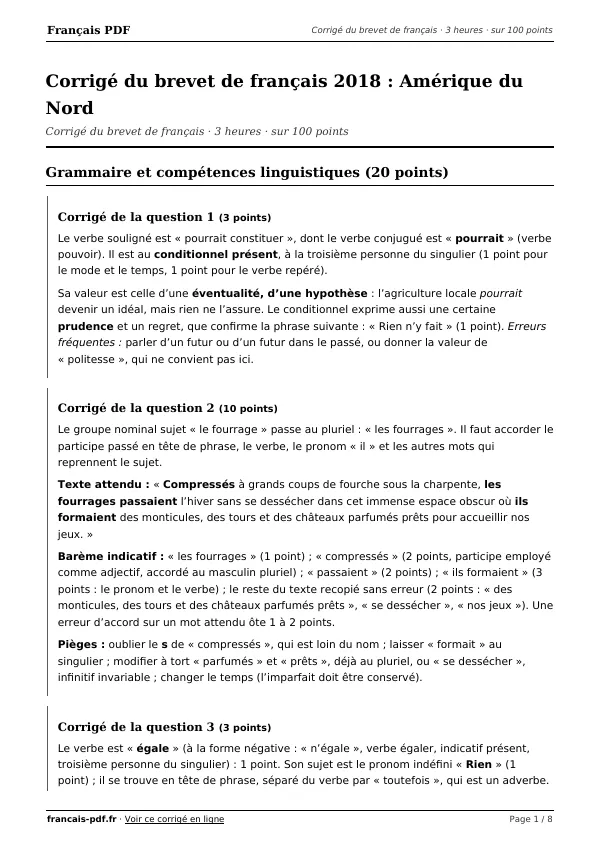 Corrigé du brevet de français 2018 en PDF