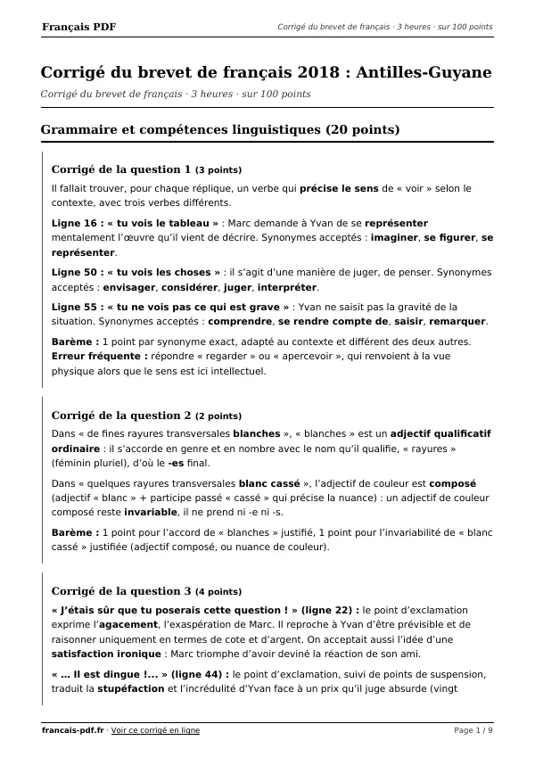 Corrigé du brevet de français 2018 en PDF