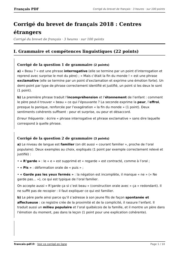 Corrigé du brevet de français 2018 en PDF