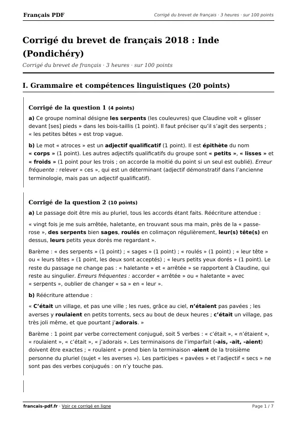 Corrigé du brevet de français 2018 en PDF