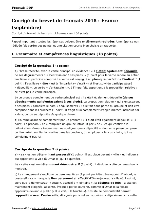 Corrigé du brevet de français 2018 en PDF