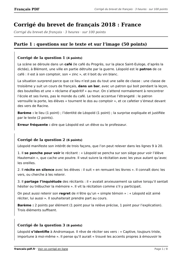 Corrigé du brevet de français 2018 en PDF