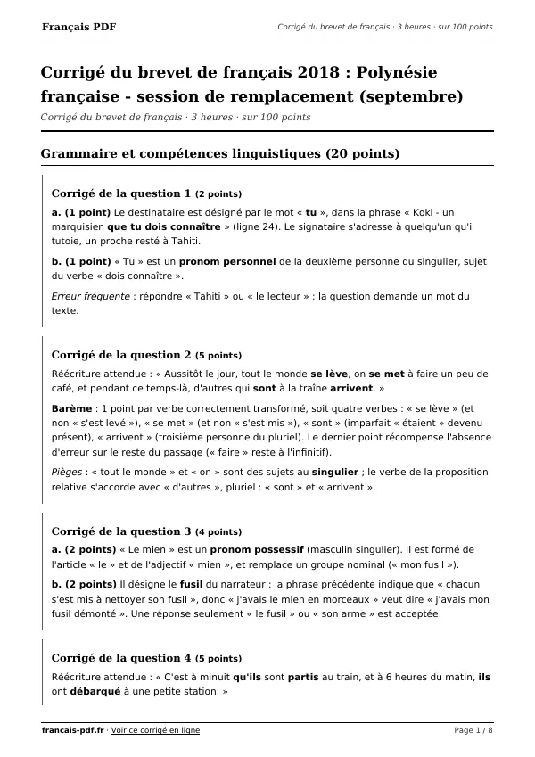 Corrigé du brevet de français 2018 en PDF