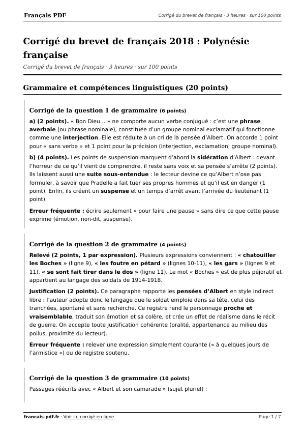 Corrigé du brevet de français 2018 en PDF