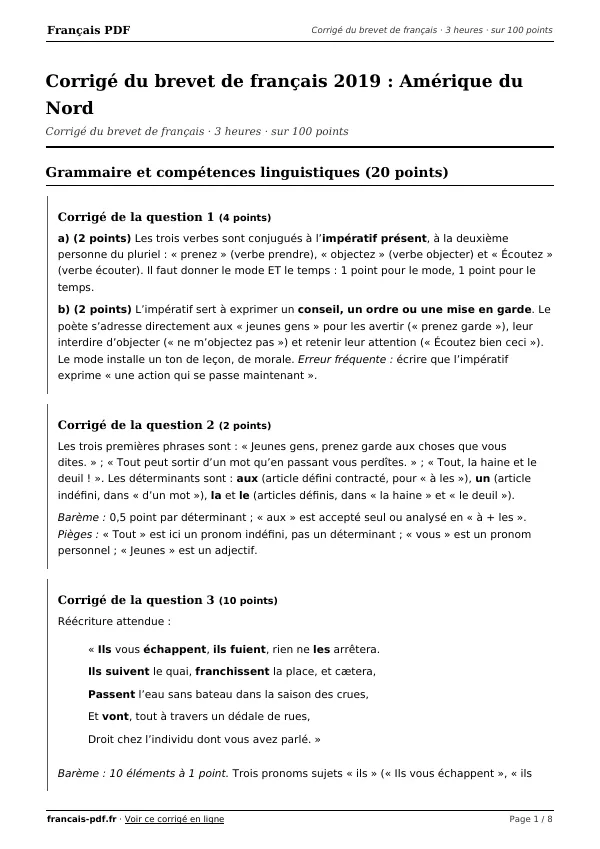 Corrigé du brevet de français 2019 en PDF