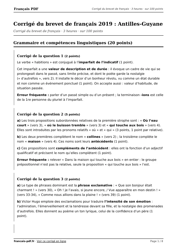 Corrigé du brevet de français 2019 en PDF