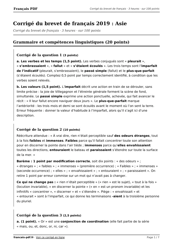 Corrigé du brevet de français 2019 en PDF
