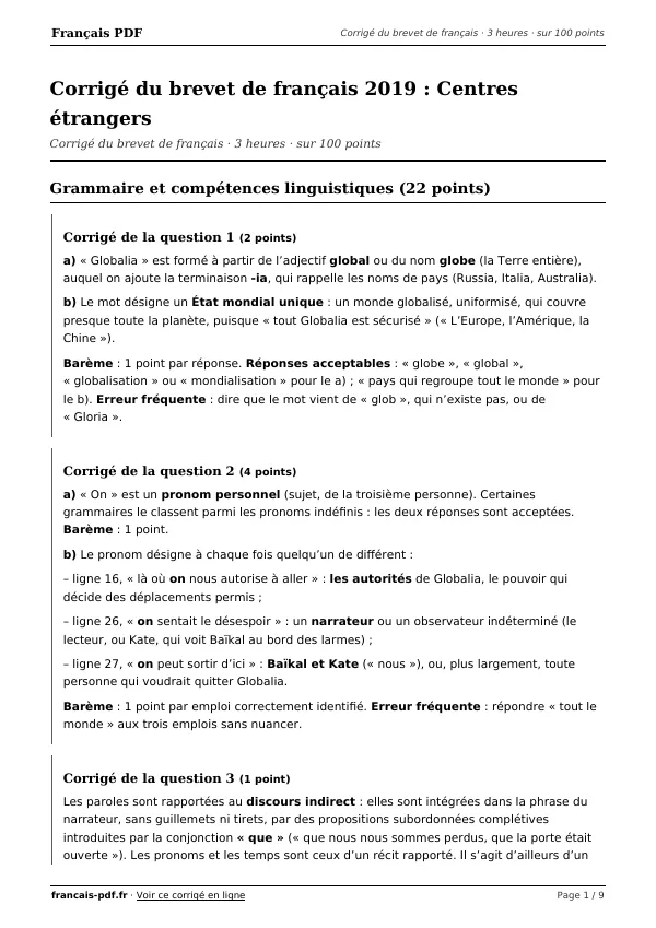 Corrigé du brevet de français 2019 en PDF