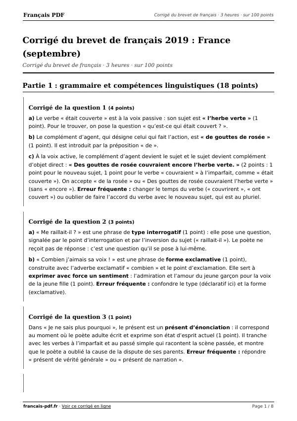 Corrigé du brevet de français 2019 en PDF