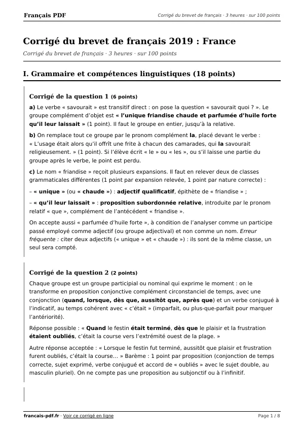 Corrigé du brevet de français 2019 en PDF