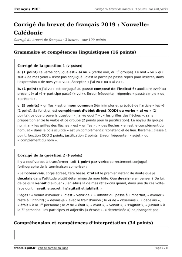 Corrigé du brevet de français 2019 en PDF