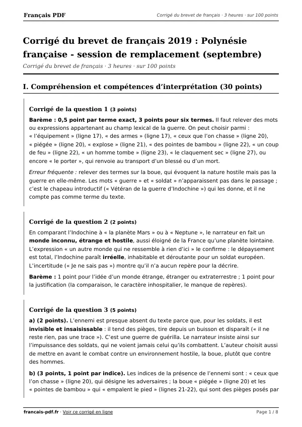 Corrigé du brevet de français 2019 en PDF