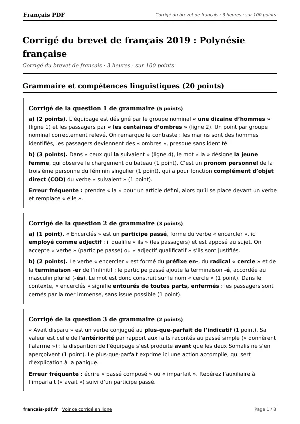 Corrigé du brevet de français 2019 en PDF