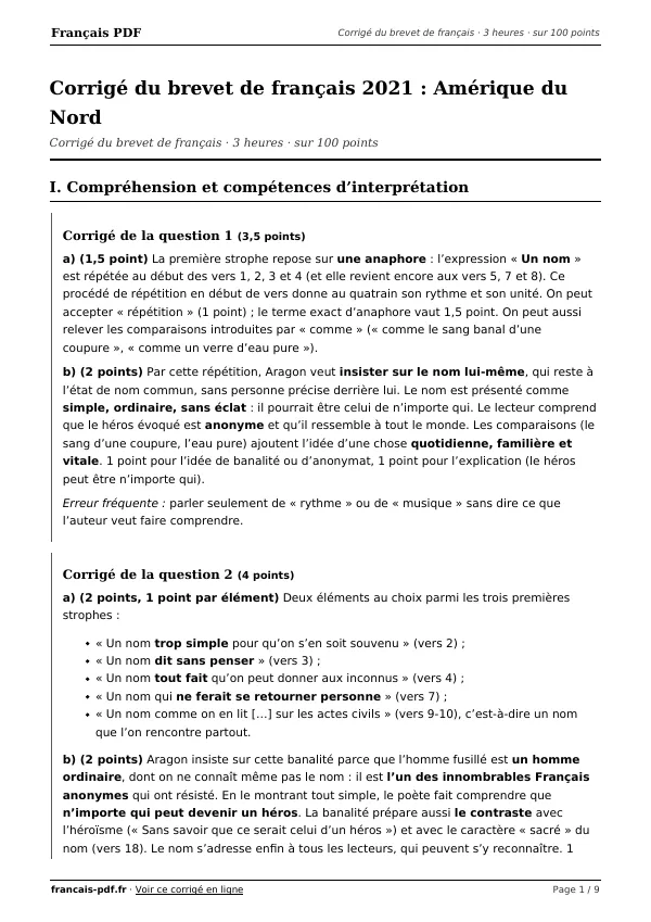 Corrigé du brevet de français 2021 en PDF