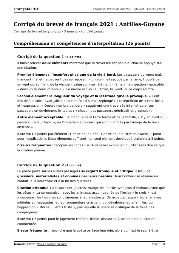 Corrigé du brevet de français 2021 en PDF