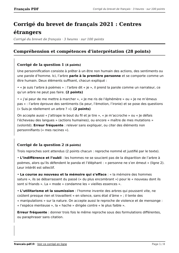 Corrigé du brevet de français 2021 en PDF