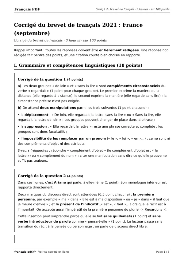 Corrigé du brevet de français 2021 en PDF