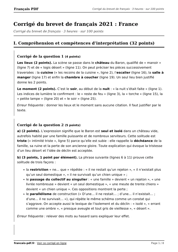 Corrigé du brevet de français 2021 en PDF