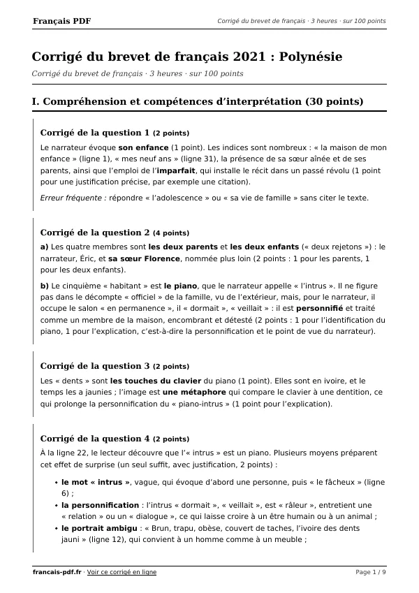 Corrigé du brevet de français 2021 en PDF