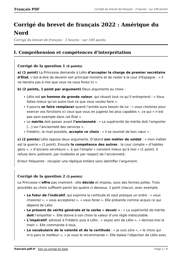 Corrigé du brevet de français 2022 en PDF