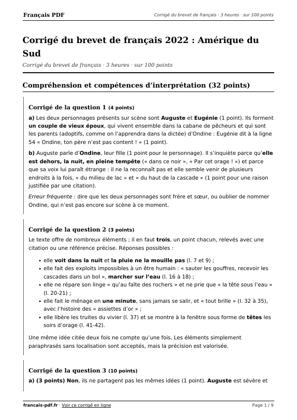 Corrigé du brevet de français 2022 en PDF