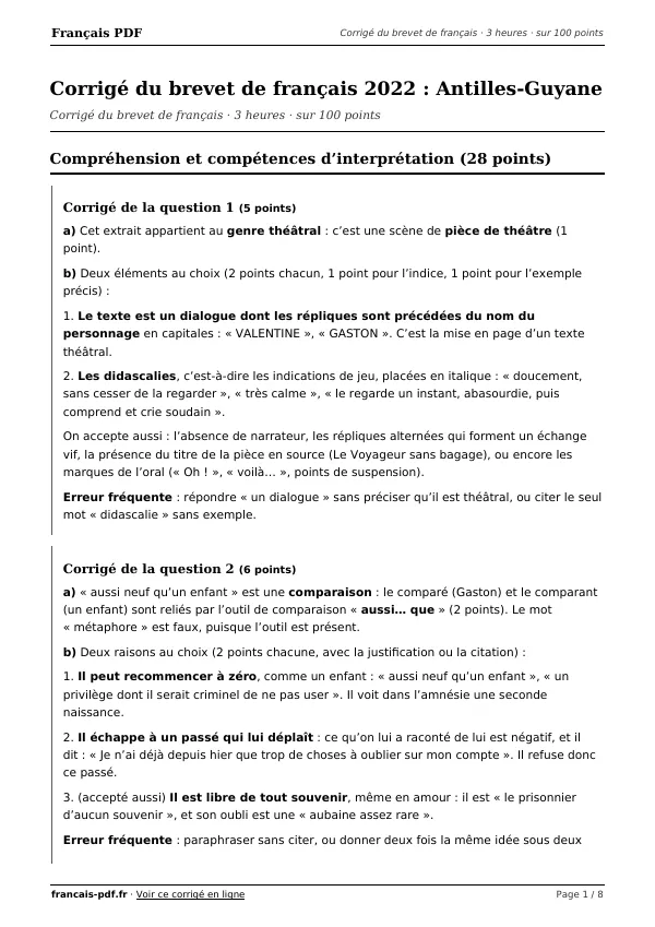 Corrigé du brevet de français 2022 en PDF