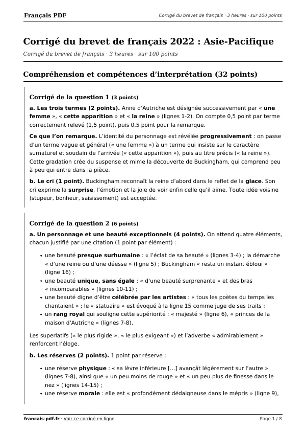 Corrigé du brevet de français 2022 en PDF