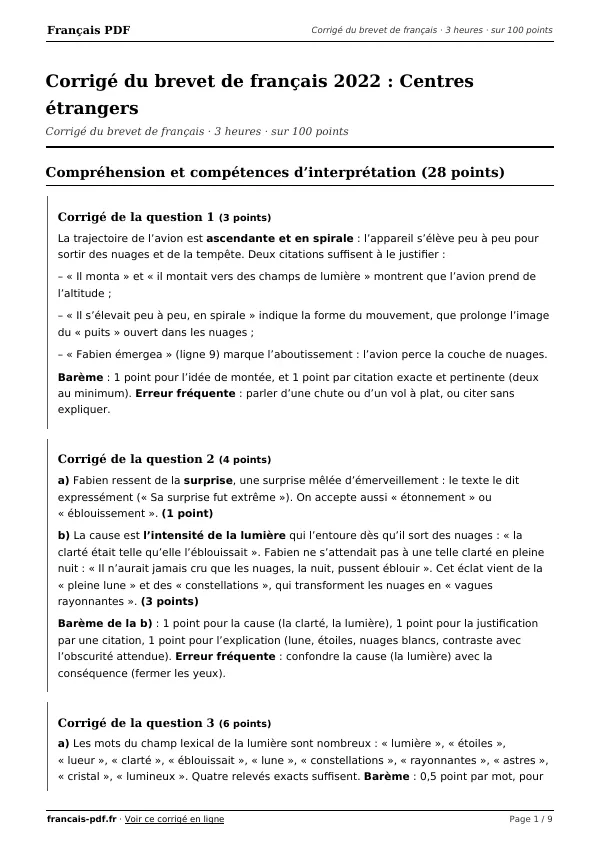 Corrigé du brevet de français 2022 en PDF